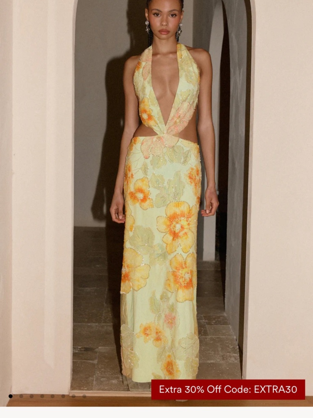 Peppermayo Pale Yellow Halter Maxi Dress with Orange Floral Appliqué never worn